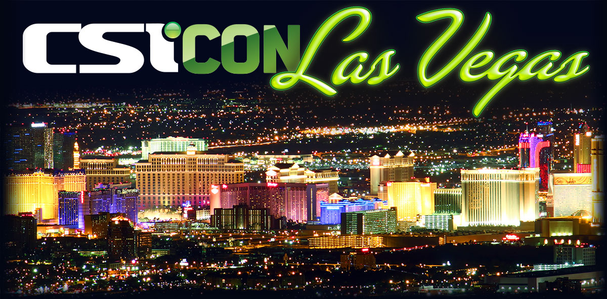 CSICon Las Vegas logo over the Vegas skyline at night